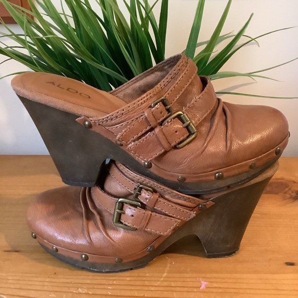 Aldo Brown Leather Platform Studded Clogs Mules Shoes Size 9 - Picture 4 of 8